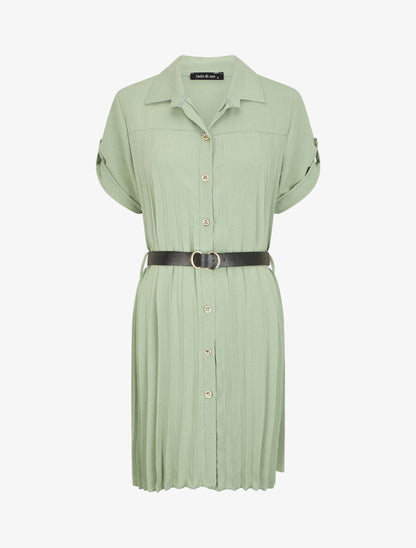 Robe chemise effet plissé à manches 3/4 - Kaki - 1