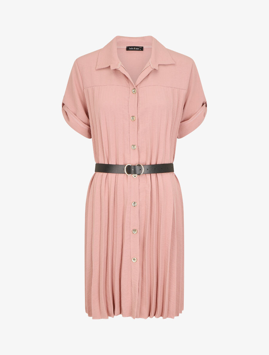 Robe chemise effet plissé à manches 3/4 - Vieux rose - 1