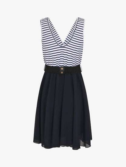 Robe bi-matière à haut imprimé style marinière - Marine - 2