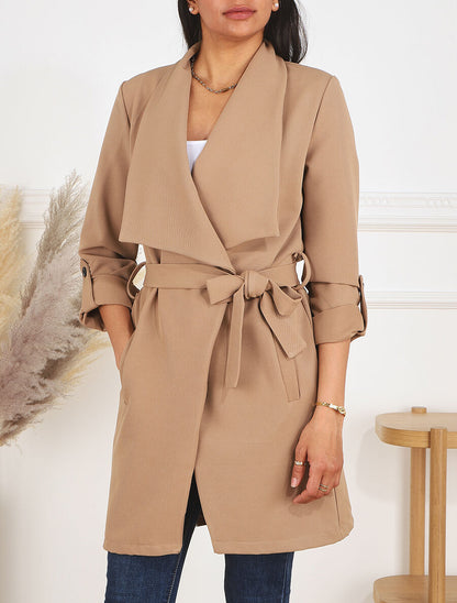 Veste mi-longue col cascade - Taupe - 4