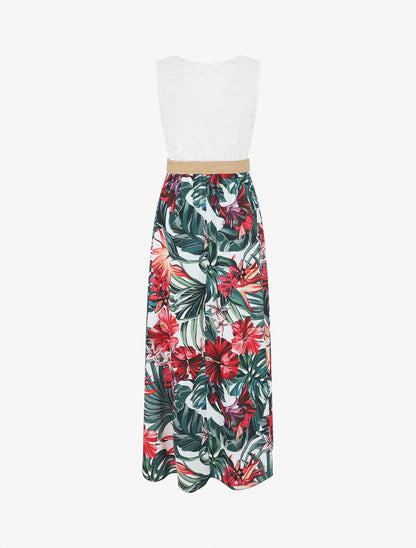 Robe longue bicolore imprimé fleurs tropicales - Blanc - 2