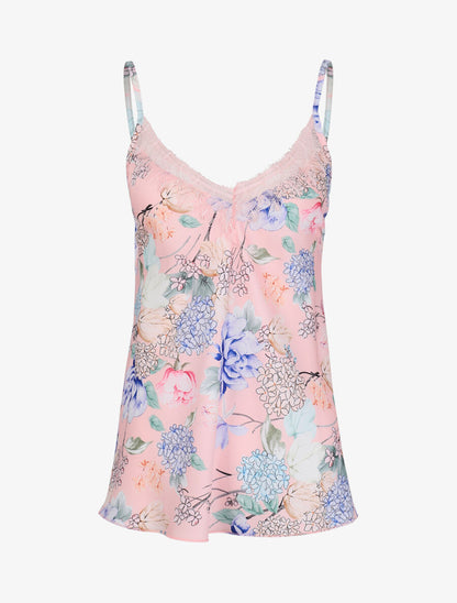 Caraco satiné imprimé hortensias à col en dentelle - Rose pâle - 4
