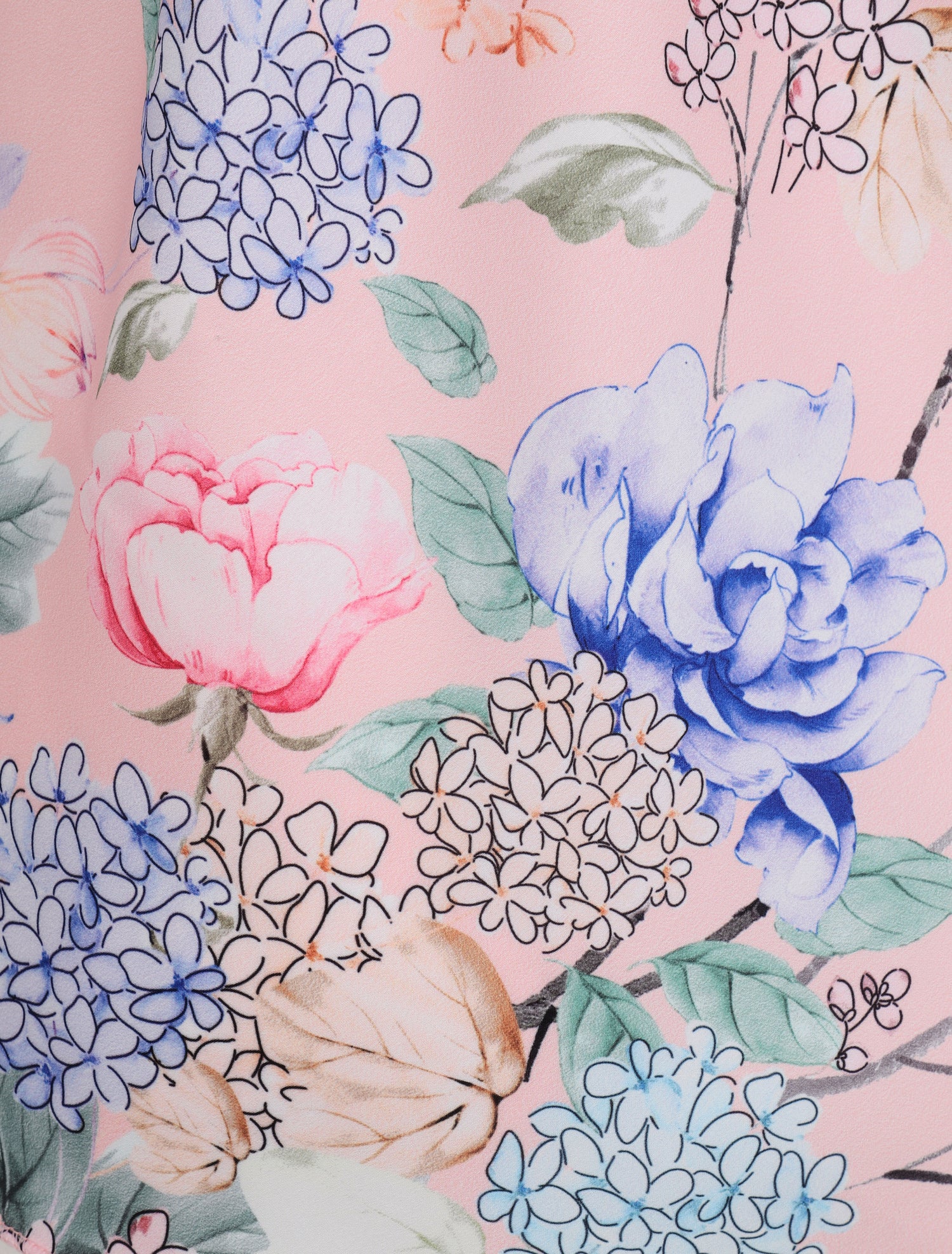 Caraco satiné imprimé hortensias à col en dentelle - Rose pâle - 3
