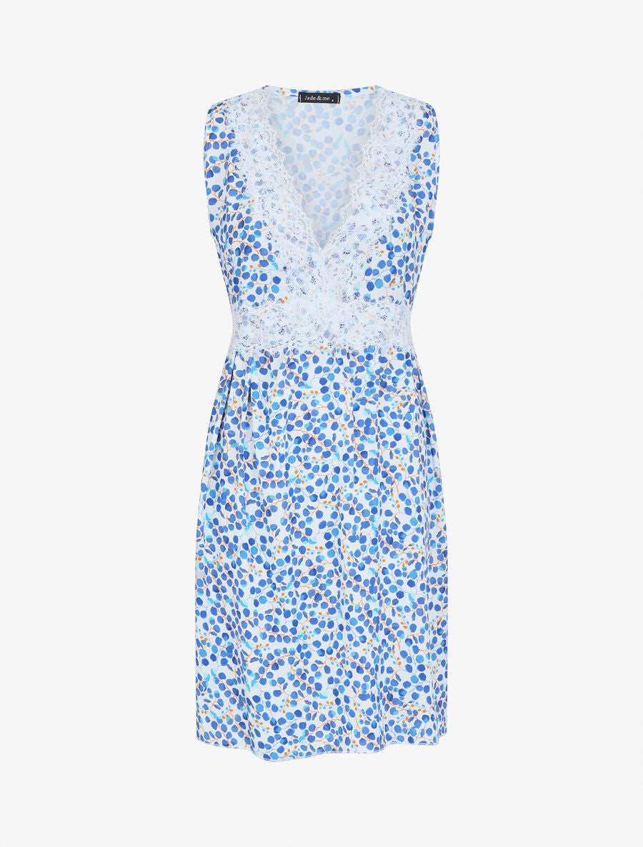 Robe mi-longue sans manches motif feuilles - Bleu - 1