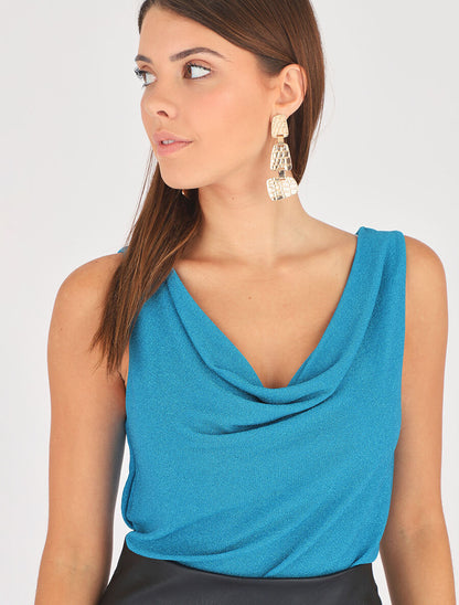 Top droit irisé sans manches col bénitier - Bleu - 4