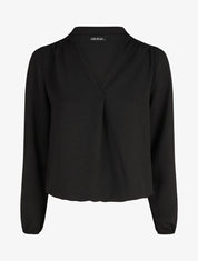 Blouse droite unie à manches longues et col V - Noir - 1