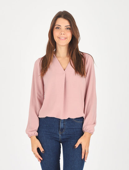 Blouse droite unie à manches longues et col V - Rose - 4