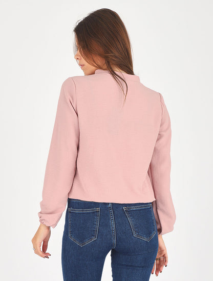 Blouse droite unie à manches longues et col V - Rose - 5