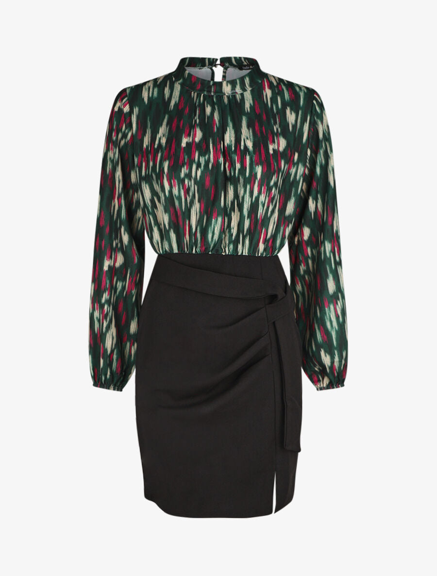 Robe courte ajustée à noeud et imprimé abstrait - Vert - 7