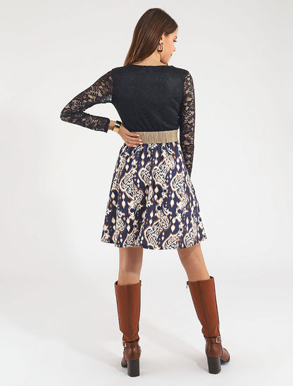 Robe à imprimé graphique et dentelle - Marine - 5