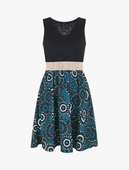 Robe évasée imprimé graphique et dentelle - Bleu canard - 1
