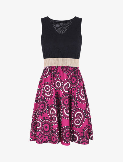 Robe évasée imprimé graphique et dentelle - Prune - 1
