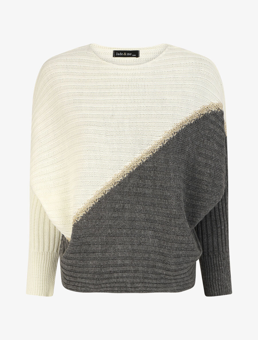 Pull loose manches chauve-souris - Blanc/gris - 1