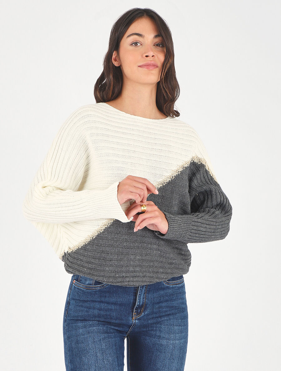 Pull loose manches chauve-souris - Blanc/gris - 4