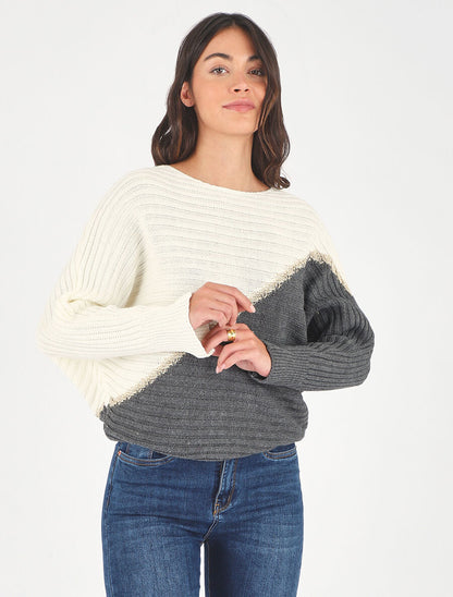 Pull loose manches chauve-souris - Blanc/gris - 4