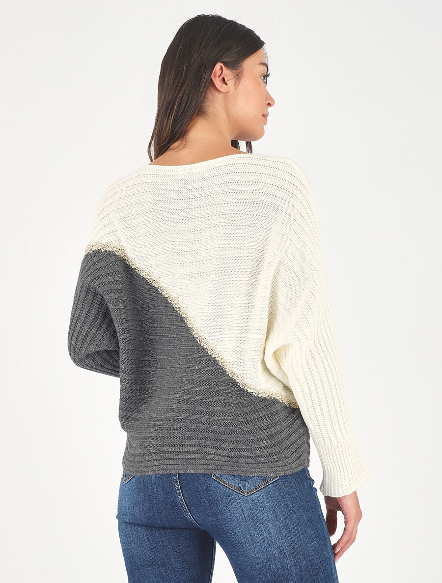 Pull loose manches chauve-souris - Blanc/gris - 5