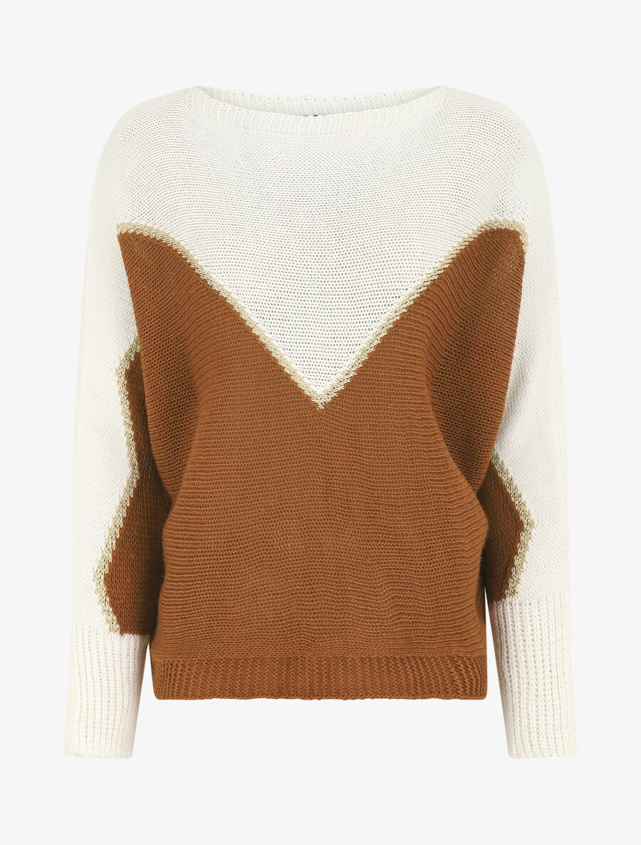 Pull loose col bateau et motif en V - Blanc/camel - 1