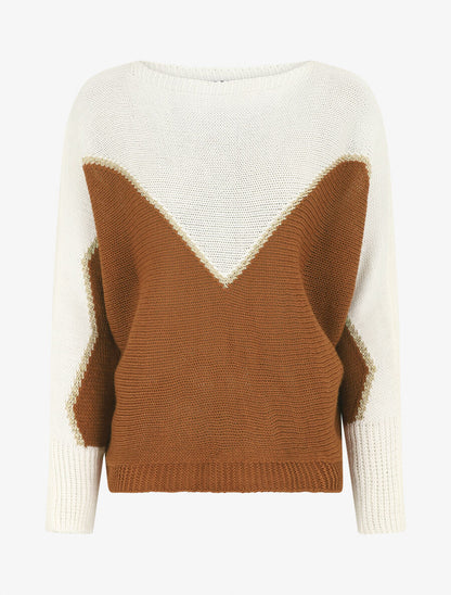 Pull loose col bateau et motif en V - Blanc/camel - 1