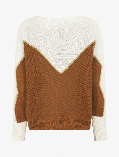 Pull loose col bateau et motif en V - Blanc/camel - 2
