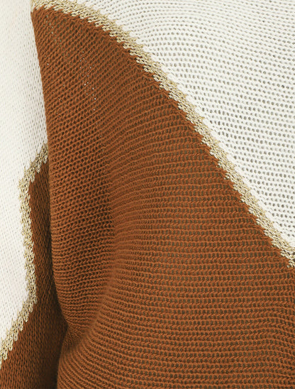 Pull loose col bateau et motif en V - Blanc/camel - 3