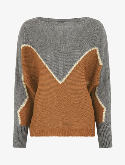 Pull loose col bateau et motif en V - Gris/camel - 4