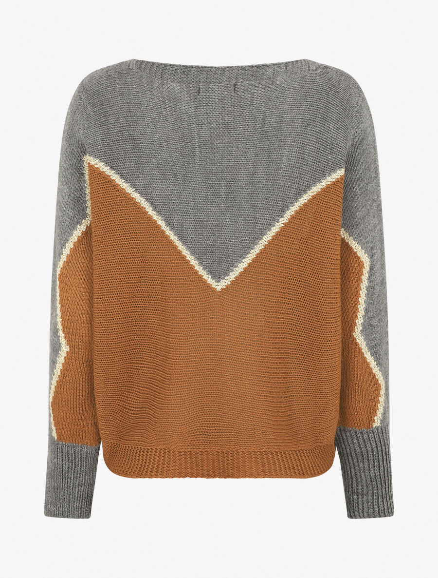 Pull loose col bateau et motif en V - Gris/camel - 2