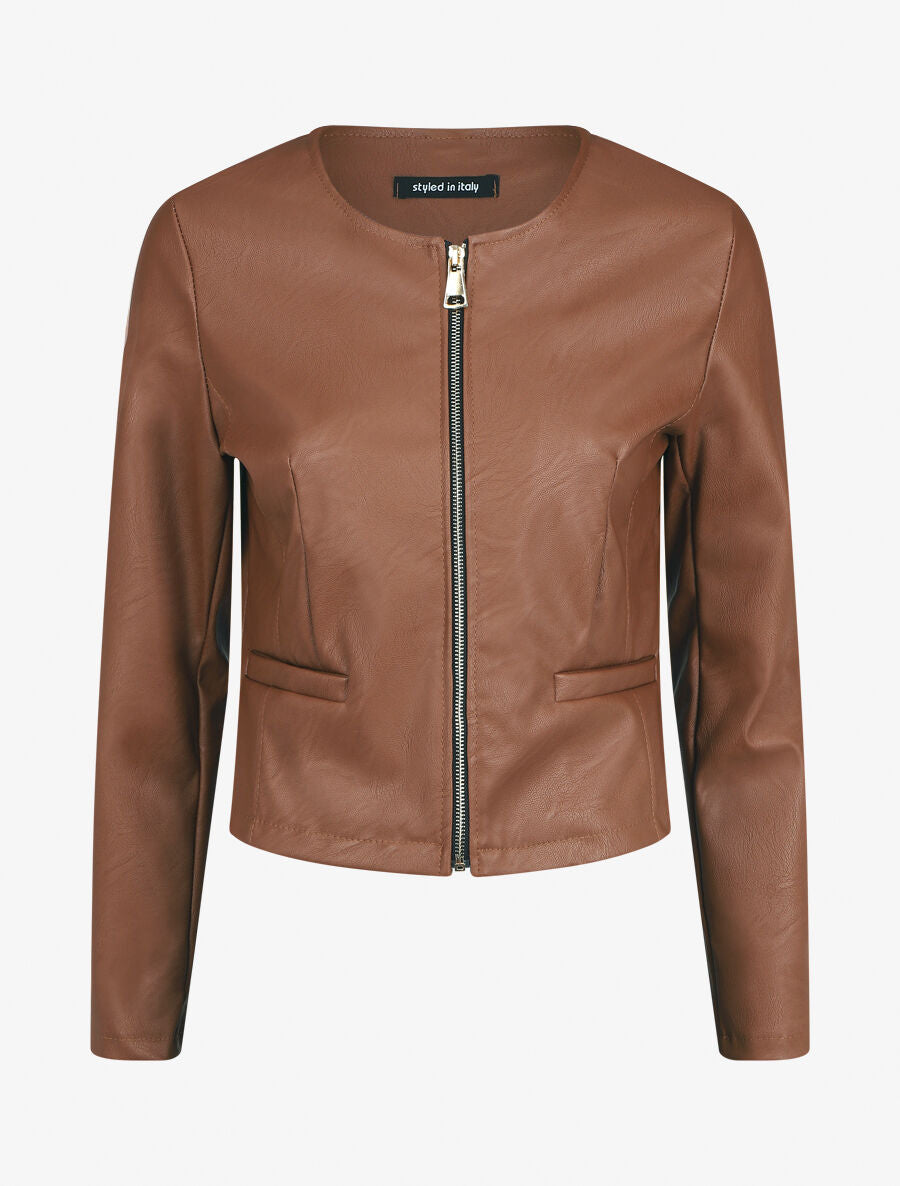 Veste droite zippée en simili - Camel - 4