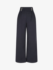 Pantalon ample taille haute à boutons - Marine - 4