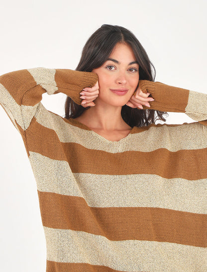 Pull oversize rayé et irisé - Camel - 6