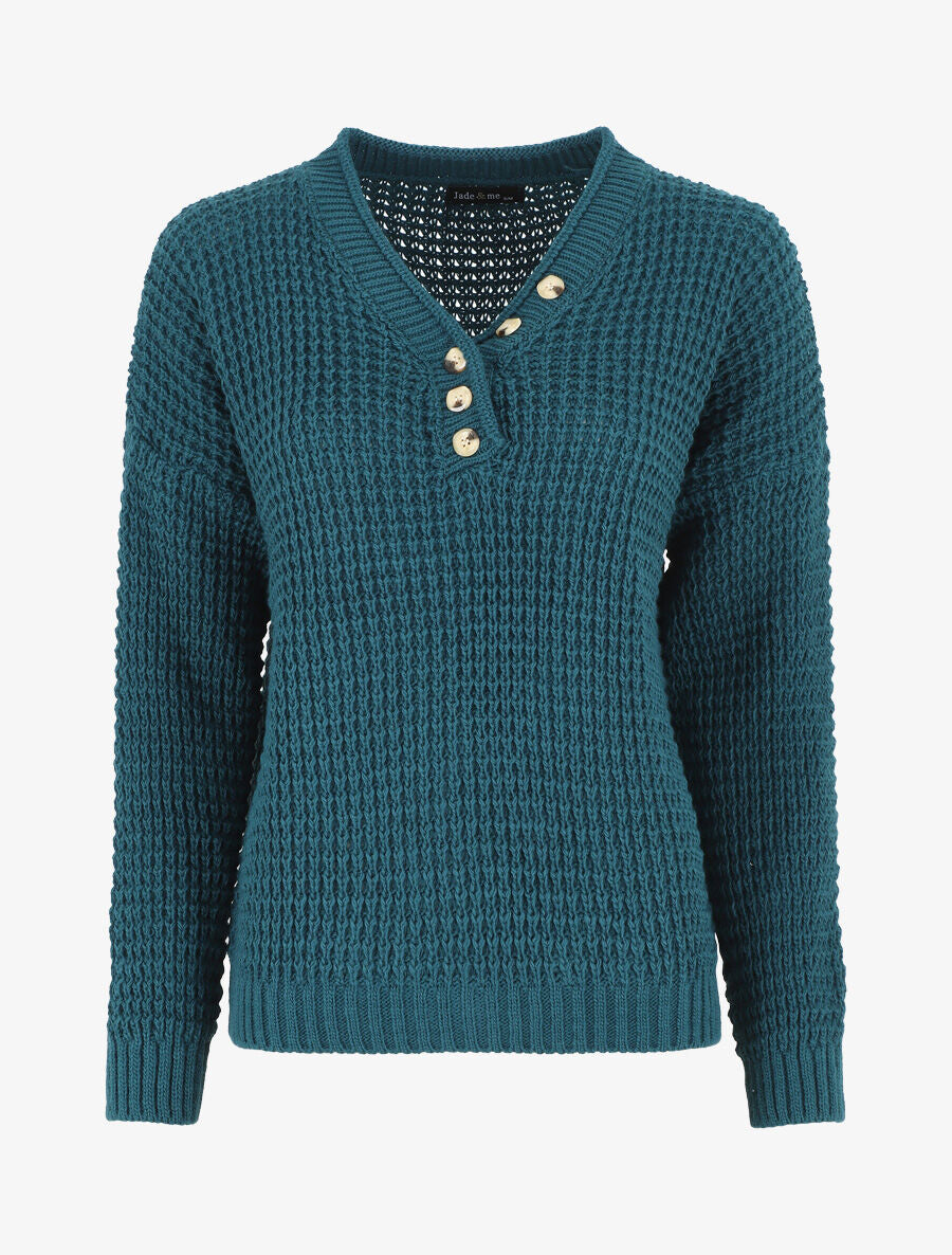 Pull droit uni col V boutonné - Bleu canard - 1