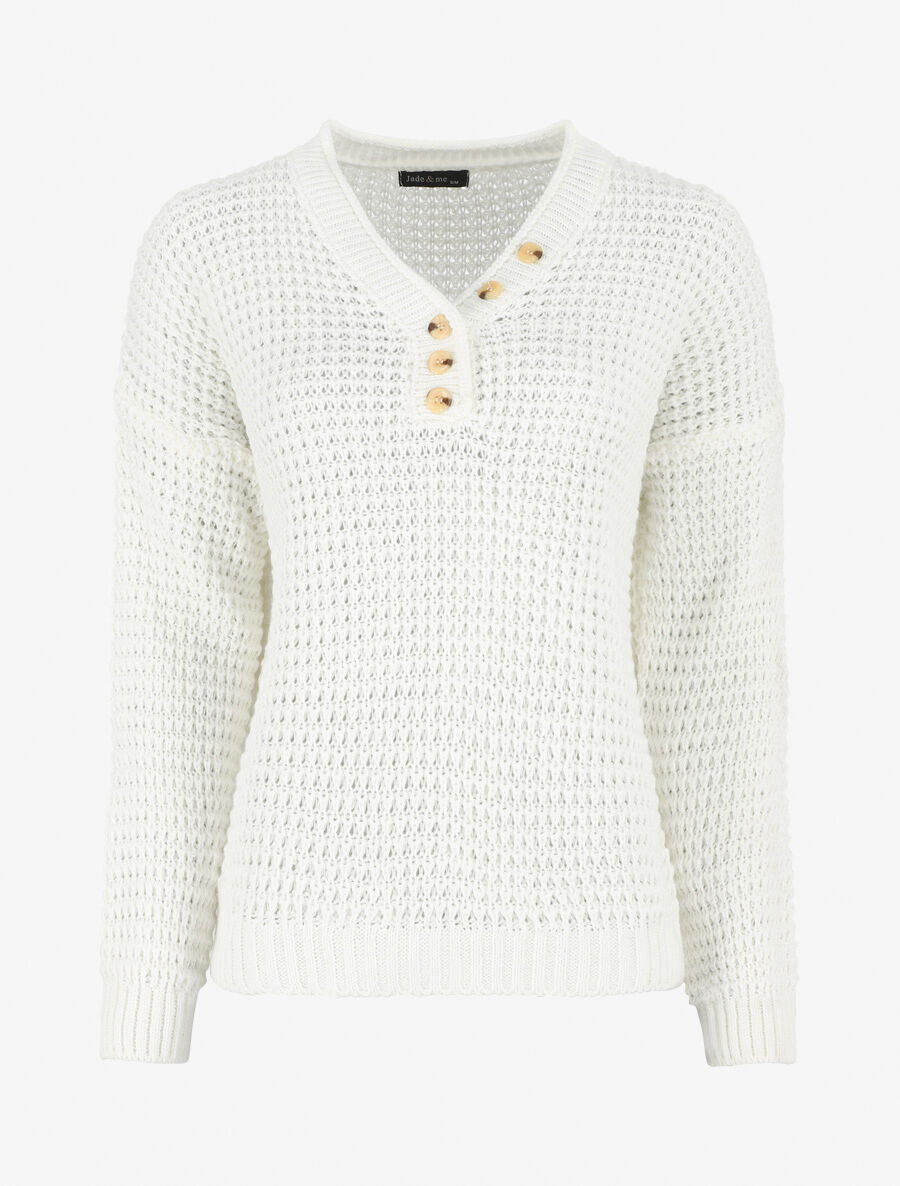 Pull droit uni col V boutonné - Blanc - 1