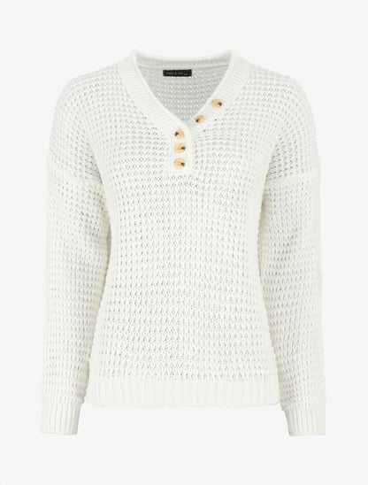 Pull droit uni col V boutonné - Blanc - 1