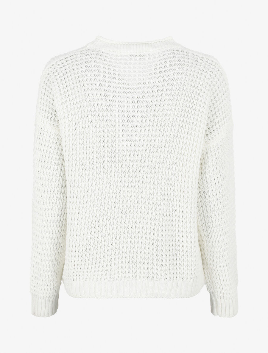 Pull droit uni col V boutonné - Blanc - 2