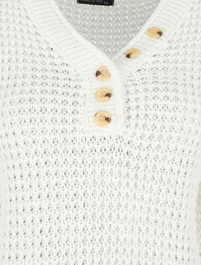 Pull droit uni col V boutonné - Blanc - 3