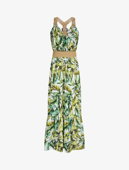 Robe longue coupe patineuse imprimé tropical à bretelles en simili - Blanc - 2