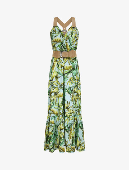 Robe longue coupe patineuse imprimé tropical à bretelles en simili - Vert d&