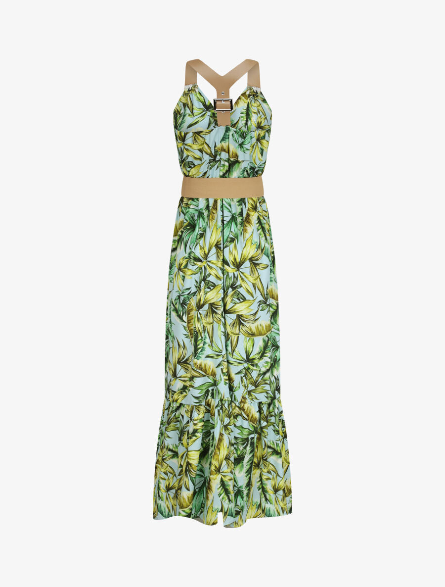 Robe longue coupe patineuse imprimé tropical à bretelles en simili - Vert d&