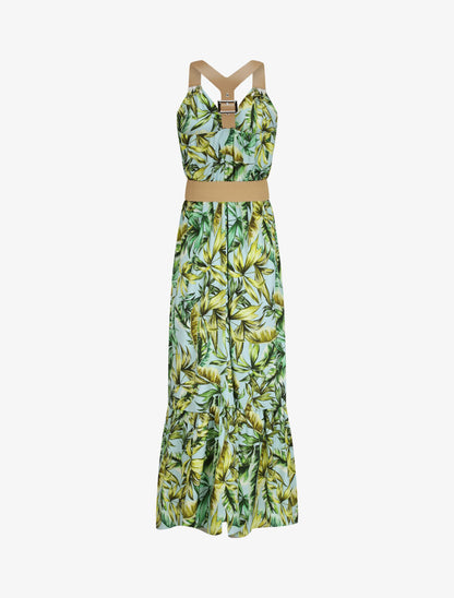 Robe longue coupe patineuse imprimé tropical à bretelles en simili - Vert d&