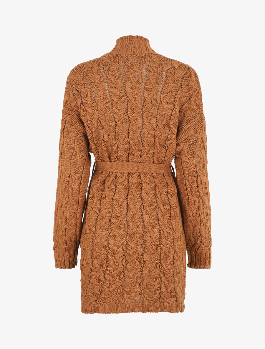 Gilet long uni en maille tressée - Camel - 2