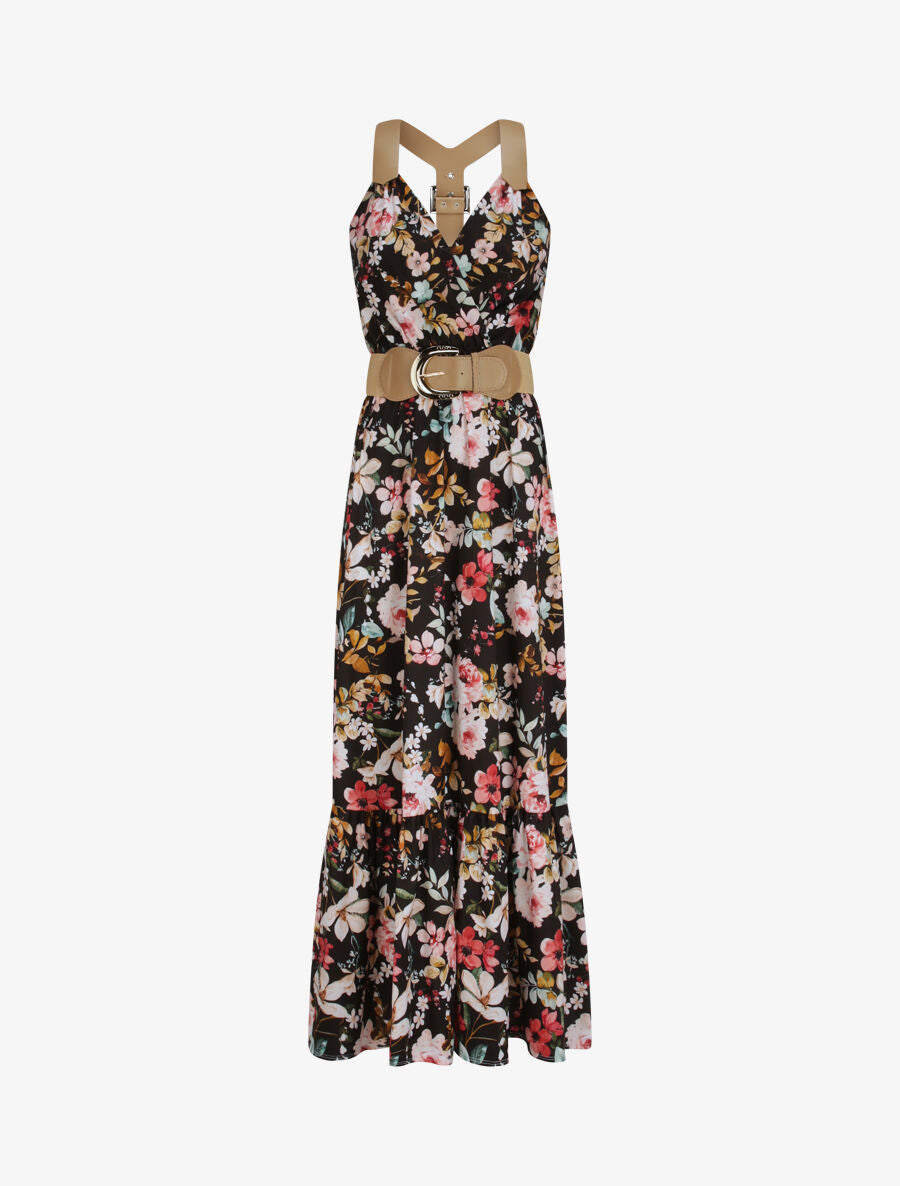 Robe longue coupe patineuse imprimé fleuri à bretelles en simili - Noir - 6