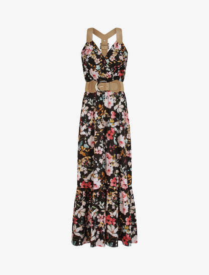 Robe longue coupe patineuse imprimé fleuri à bretelles en simili - Noir - 6