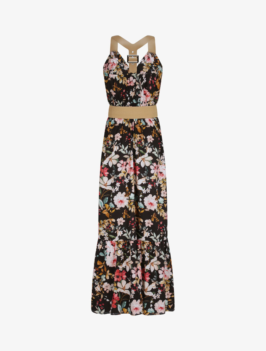 Robe longue coupe patineuse imprimé fleuri à bretelles en simili - Noir - 3