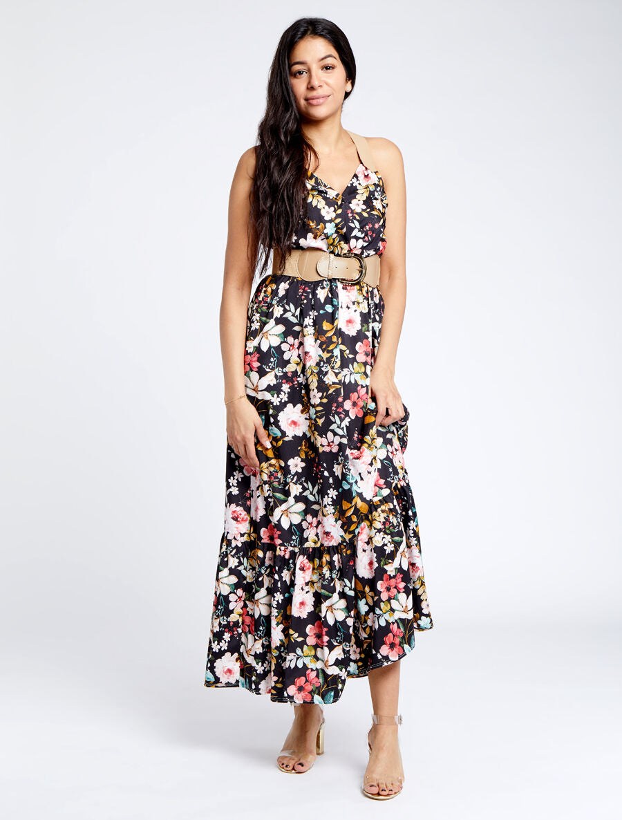Robe longue coupe patineuse imprimé fleuri à bretelles en simili - Noir - 1
