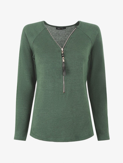 Pull fin uni à col zippé - Vert sapin - 1