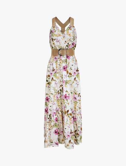 Robe longue coupe patineuse imprimé fleuri à bretelles en simili - Blanc - 5