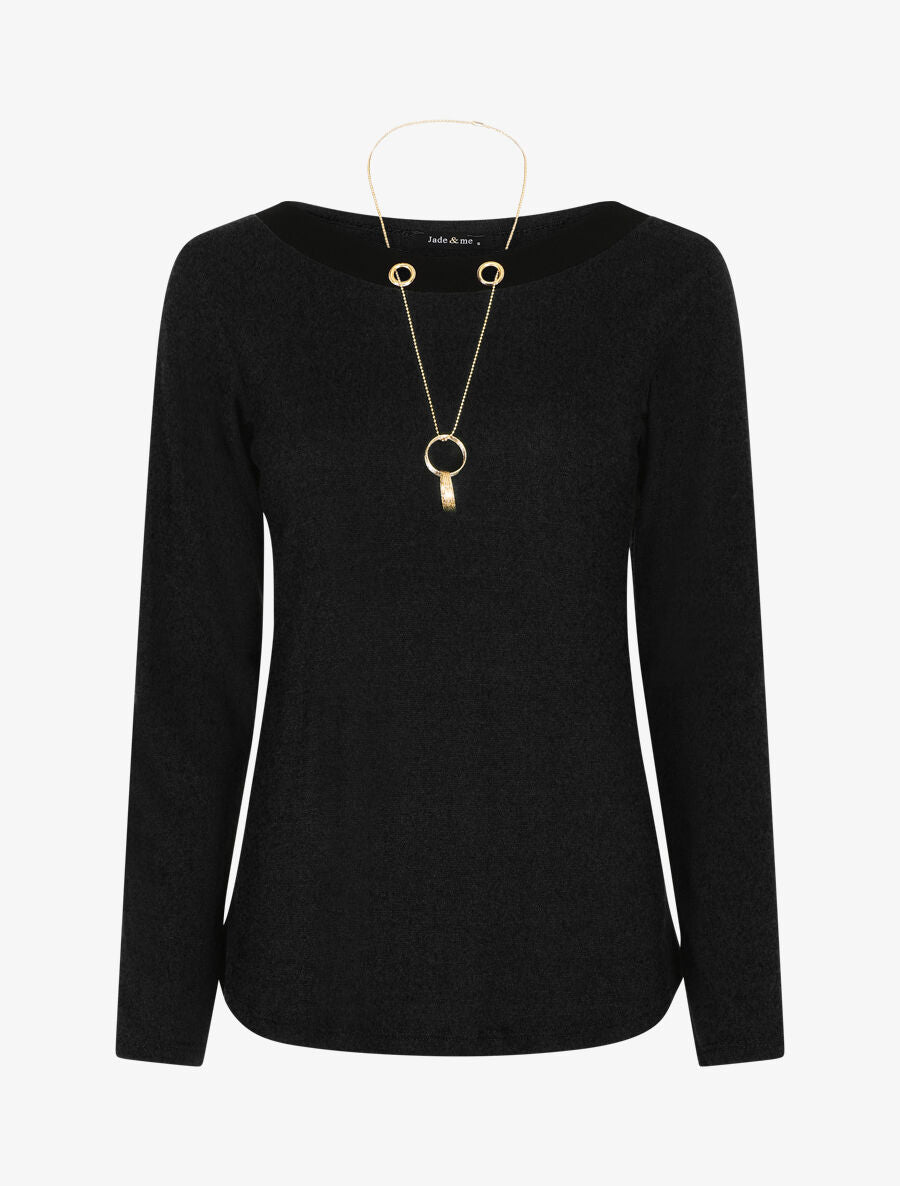 Pull fin uni et sautoir - Noir - 1