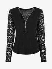 Pull droit uni manches en dentelle - Noir - 1
