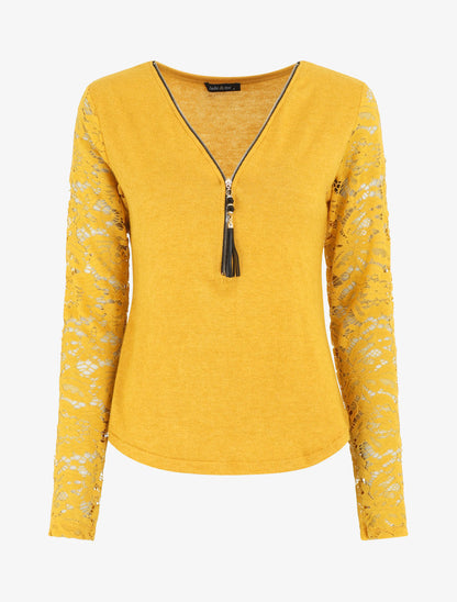 Pull droit uni manches en dentelle - Jaune - 1