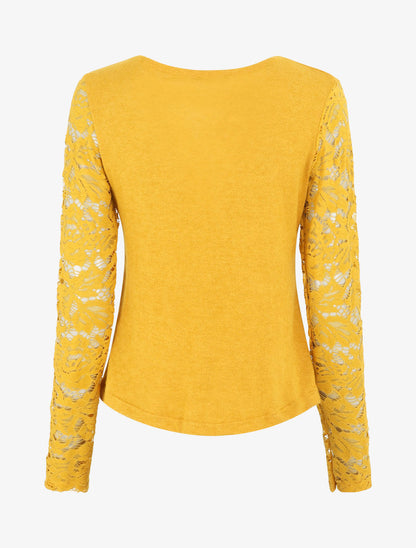 Pull droit uni manches en dentelle - Jaune - 2