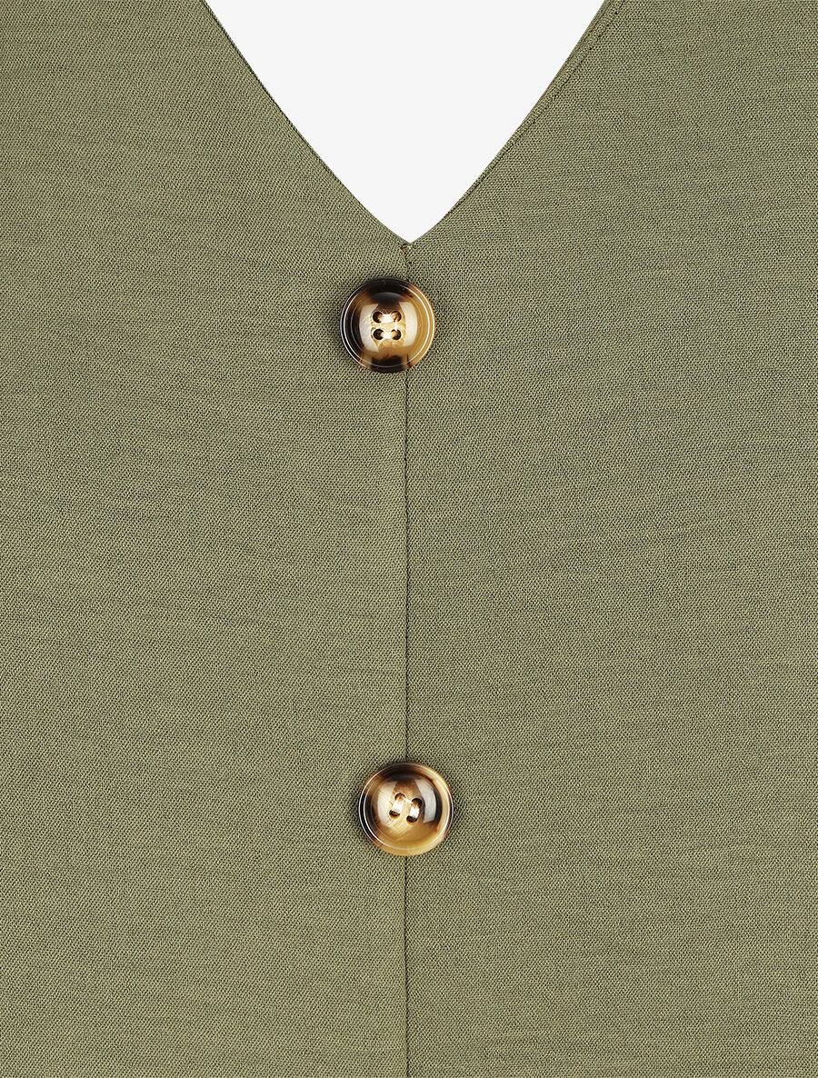 Top droit col V boutonné et dentelle - Kaki - 3